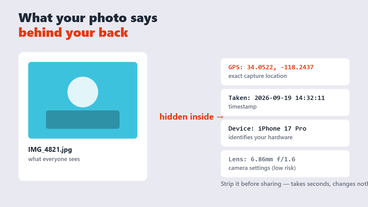 Diagram revealing GPS coordinates, timestamp, and device data hidden inside a photo file