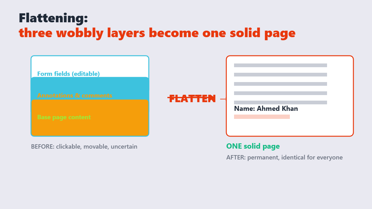 Diagram showing three separate PDF layers merging into a single permanent flattened page