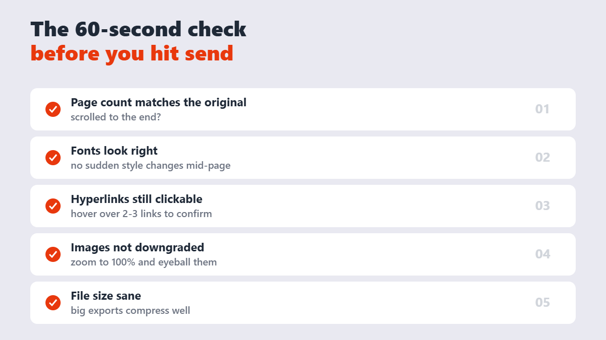 Checklist: page count, fonts, hyperlinks, image quality, and file size after converting Word to PDF